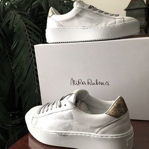 White Leather Platform Sneakers with Gold Heel Accent